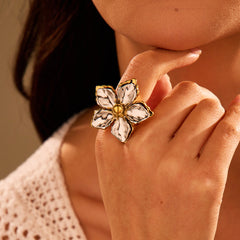 Flower Gold Silver Stainless Steel Anti Tarnish Adjustable Ring