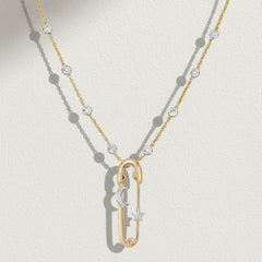 Celestial Safety Pin Rose Silver Gold CZ Anti Tarnish Copper Necklace