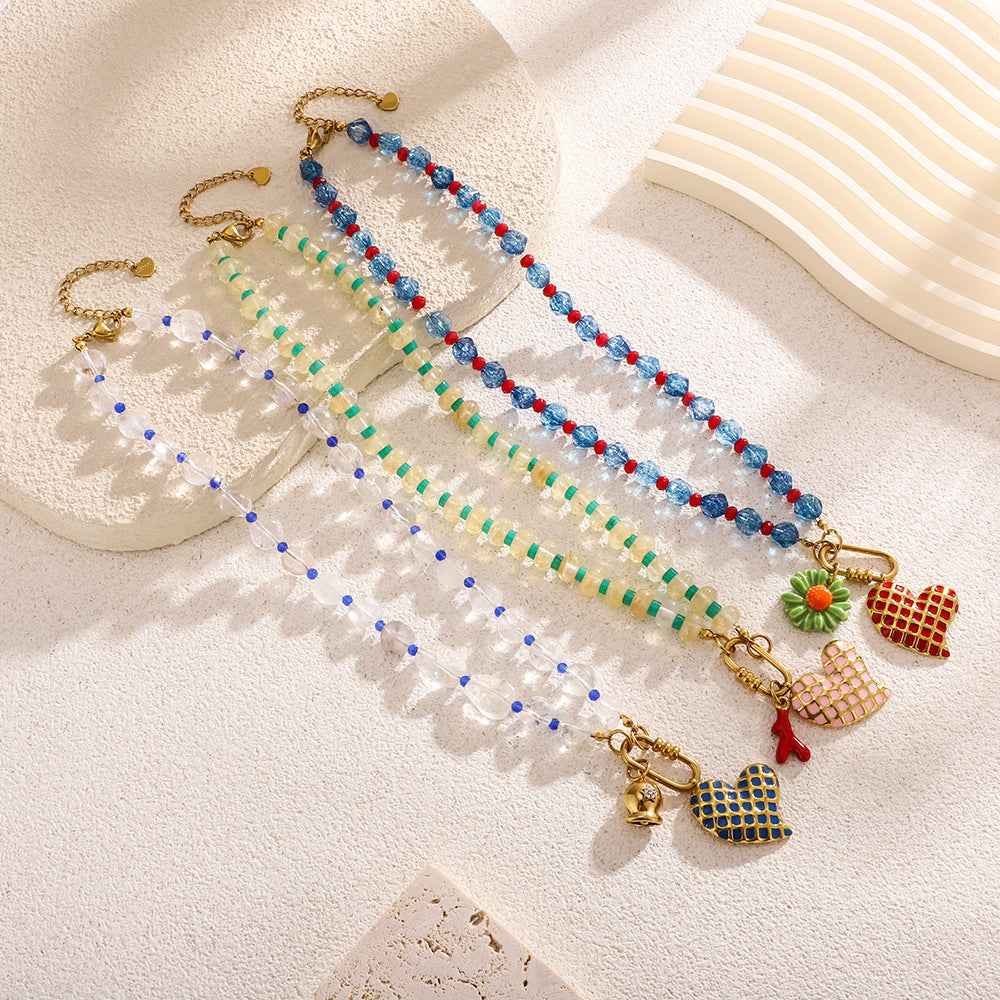 Heart Crystal Multicolor Beads 18K Gold Charm Necklace For Women