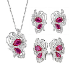 Butterfly Pink Silver Cubic Zirconia Anti Tarnish Necklace Earring Ring Set For Women