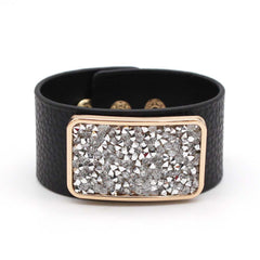 Rectangle Cubic Zirconia Rose Gold Anti Tarnish Wrist Band Leather Bracelet For Women