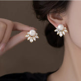 White Crown Pearl Gold Cubic Zirconia Copper Stud Earrings Women