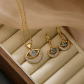 Moon Evil Eye 18K Gold CZ Anti Tarnish Pendant Chain Earring Set