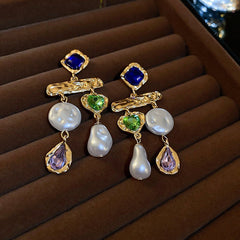 Beaten Finish Heart Drop Pearl Crystal Dangler Earring For Women