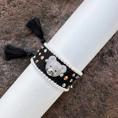 Teddy Bear Face Crystal Fabric Writ Band Adjustable Threads Bracelet For Women