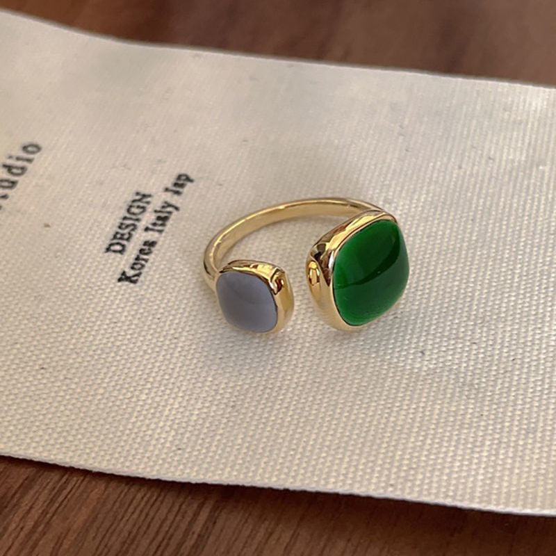 Cushion Grey Green 18K Gold Plated Enamel Free Size Ring For Women