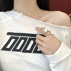 Multi White Pearl Gold Plated Copper Anti Tarnish Fancy Ring For Women
