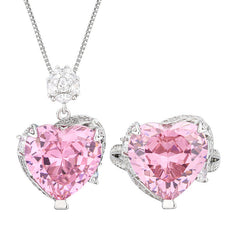 Heart Silver Yellow Pink Cubic Zirconia Anti tarnish Pendant chain Ring Set For Women