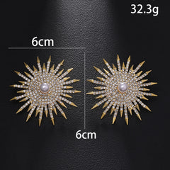 Gold Sunburst Gold CZ Pearl Anti Tarnish Copper Stud Earrings