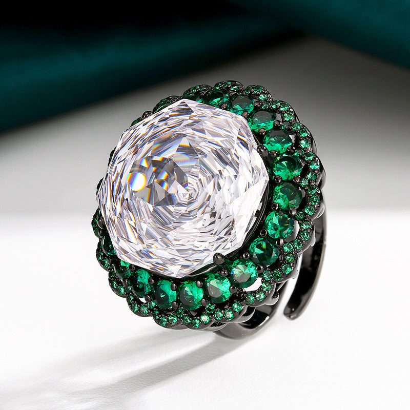 Rose White Green Cubic Zirconia Anti Tarnish Adjustable Ring