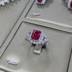 Luxury Ruby Red Emerald Cut CZ Silver Plated Copper Necklace Combo Set