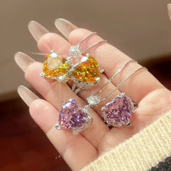 Heart Silver Yellow Pink Cubic Zirconia Anti tarnish Pendant chain Ring Set For Women