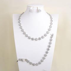 Sparkling Floral Silver Plated CZ Anti Tarnish Copper Necklace Combo Set