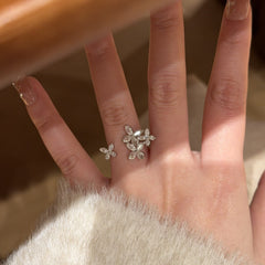 Silver Floral Cubic Zirconia Copper Adjustable Ring For Women