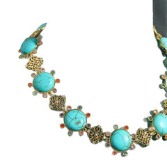 Luxury Gold Plated Turquoise Blue Faux Stone CZ Filigree Copper Necklace