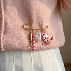 Multi Color Fish,Crab,Pearl,Safety Pin Gold Enamel Brooch For Women
