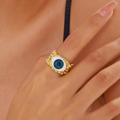 Evil Eye 18K Gold Blue Green Adjustable Band Ring For Women