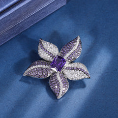 Five Petal Floral Silver Plated CZ Copper Anti Tarnish Brooch For Women