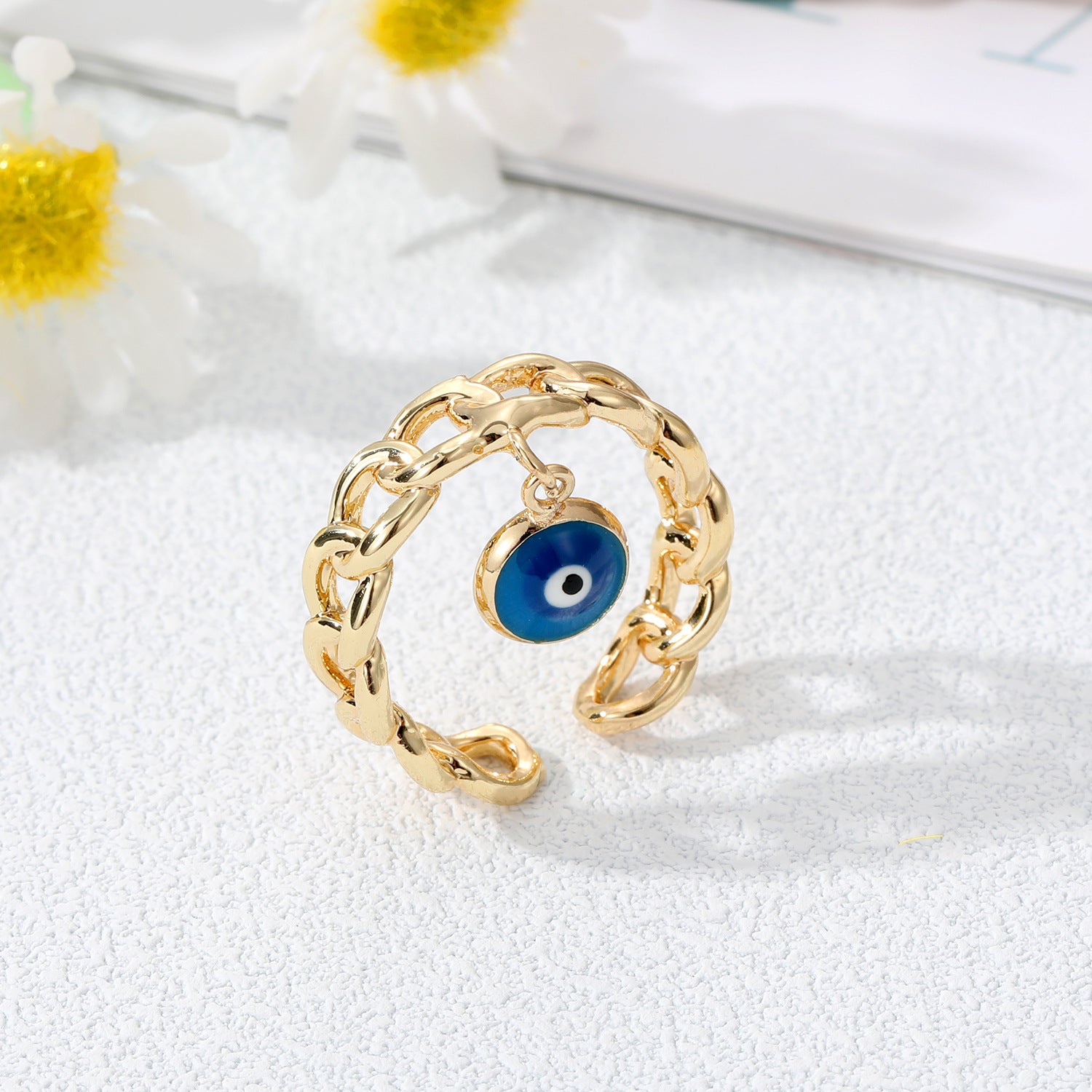 Evil Eye Charm Blue Enamel Gold Adjustable Curb Chain Band Ring