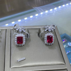 Luxury Ruby Red Emerald Cut CZ Silver Plated Copper Necklace Combo Set