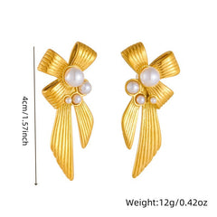 Bow Ribbon 18K Gold Pearl Stainless Steel Anti Tarnish Dangler Earring For Women