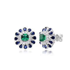 Sunflower Blue Green Gemstone Silver Cubic Zirconia Necklace Earring Ring Set For Women