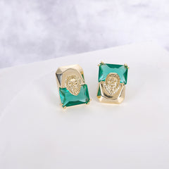Geometric Lion Head Gold Plated CZ Anti Tarnish Copper Stud Earrings