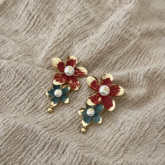 Red Blue Flower Gold Pearl Alloy Dangler Earrings For Women