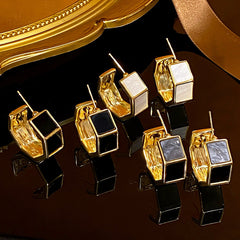Hexagon Rectangle Enamel White Black 18K Gold Plated Anti Tarnish Hoop Earring For Women