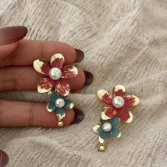 Red Blue Flower Gold Pearl Alloy Dangler Earrings For Women