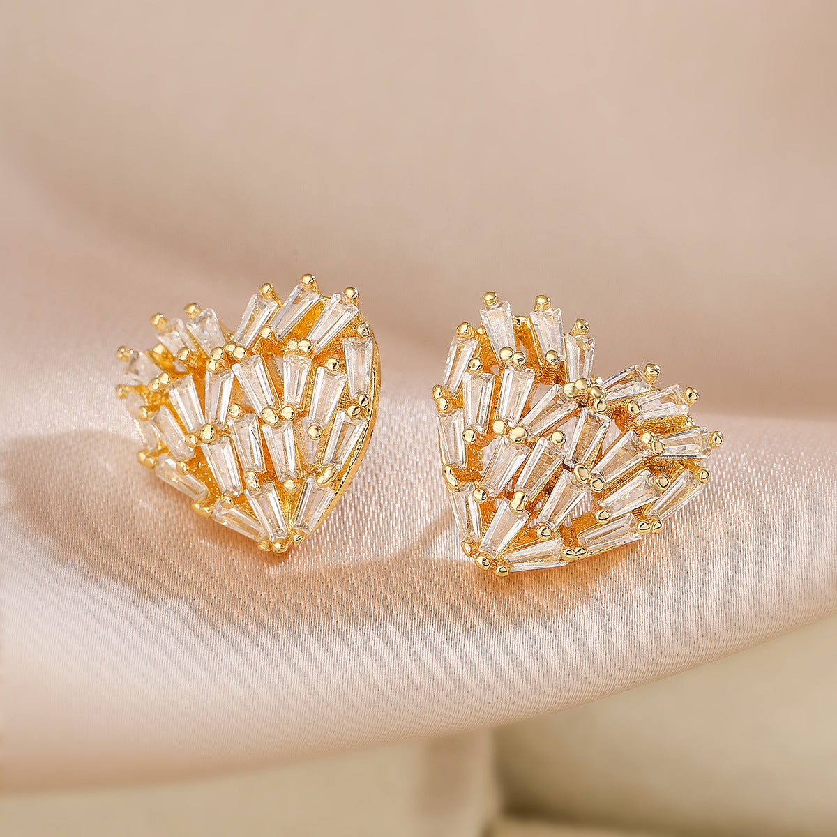 Heart Baguette Cubic Zirconia 18K Gold Anti Tarnish Stud Earring