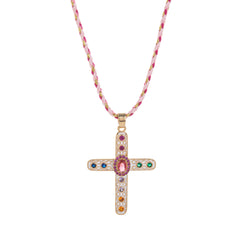 Cross Rosary Prayer Crystal Enamel 18K Gold Thread Anti Tarnish Necklace Pendant For Women