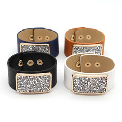 Rectangle Cubic Zirconia Rose Gold Anti Tarnish Wrist Band Leather Bracelet For Women