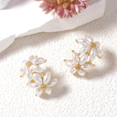 Dual Flower Pearl White 18K Gold Stud Earring For Women