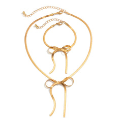 Bow Ribbon Knotted 18K Gold Plated Anti Tarnish Necklace Earring Bracelet Set For women