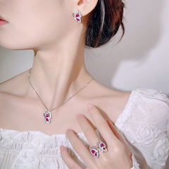 Butterfly Pink Silver Cubic Zirconia Anti Tarnish Necklace Earring Ring Set For Women