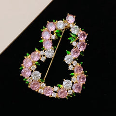 Designer Floral Oval Gold Plated Pink & White CZ Alloy Brooch For Women