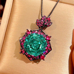 Rose Crystal Green Pink Black Pendant Earring Ring Set For Women