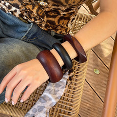 Round Wooden Black Brown Cuff Kada Bracelet For Women