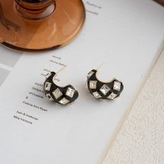 Black 18K Gold Enamel Cubic Zirconia Anti Tarnish Hoop Earring For Women