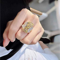 Luxury Floral Cluster Yellow White Silver Plated CZ Copper Cocktail Ring