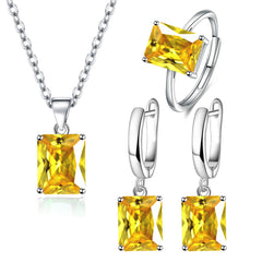 Rectangle Solitaire Silver Multi Color Cubic Zirconia Pendant Chain Earring Ring Set For Women