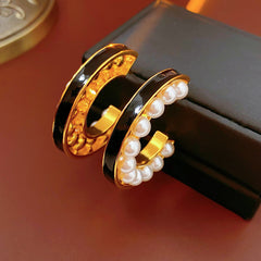 Pearl 18K Gold Black Enamel Anti Tarnish Hoop Earring For Women