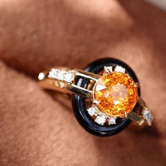 Round Yellow Black Cubic Zirconia 18K Gold Anti Tarnish Free Size Ring For Women