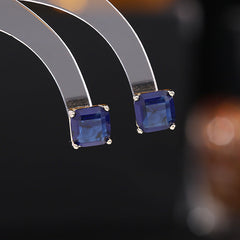 Square Solitaire White Green Blue Pink Silver Cubic Zirconia Stud Earring For Women