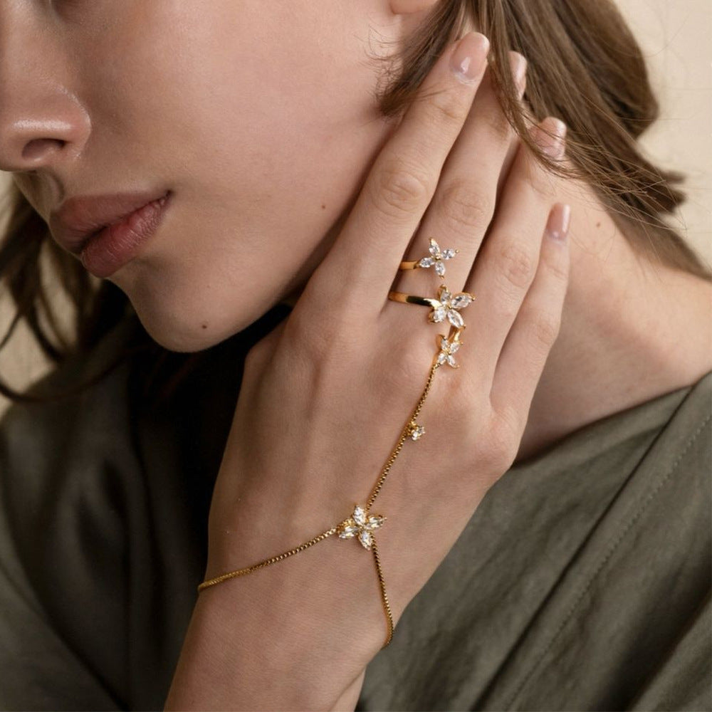 Flower Solitaire Gold Silver Anti Tarnish Box Chain Bracelet Joint Ring For Women