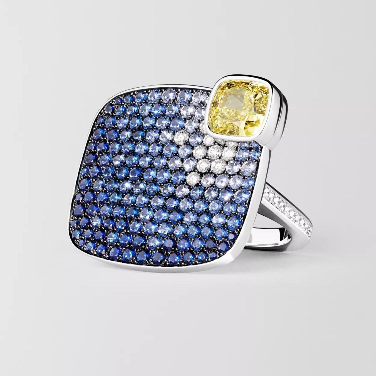 Square Yellow Blue Cubic Zirconia Silver Anti Tarnish Free Size Ring For Women