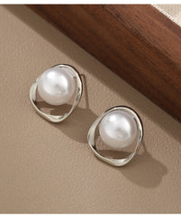 Designer White Pearl Gold Silver Plated Oval Stud Earrings For Women