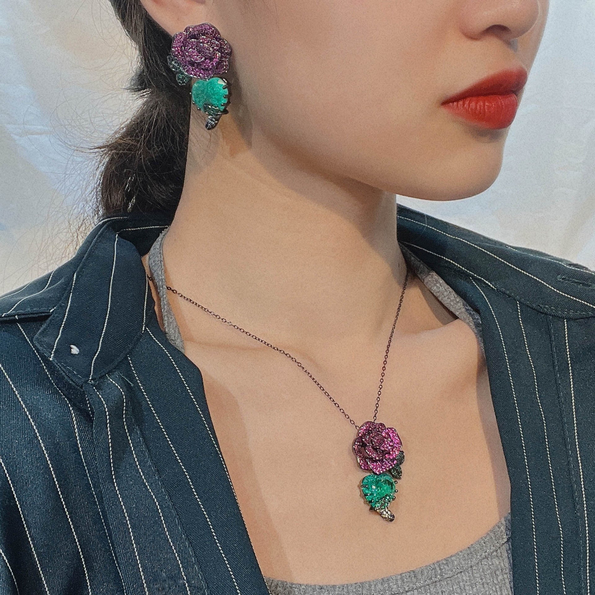 Flower Purple Green Black Anti Tarnish Necklace Chain Eaering Set For Women