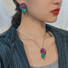 Flower Purple Green Black Anti Tarnish Necklace Chain Eaering Set For Women